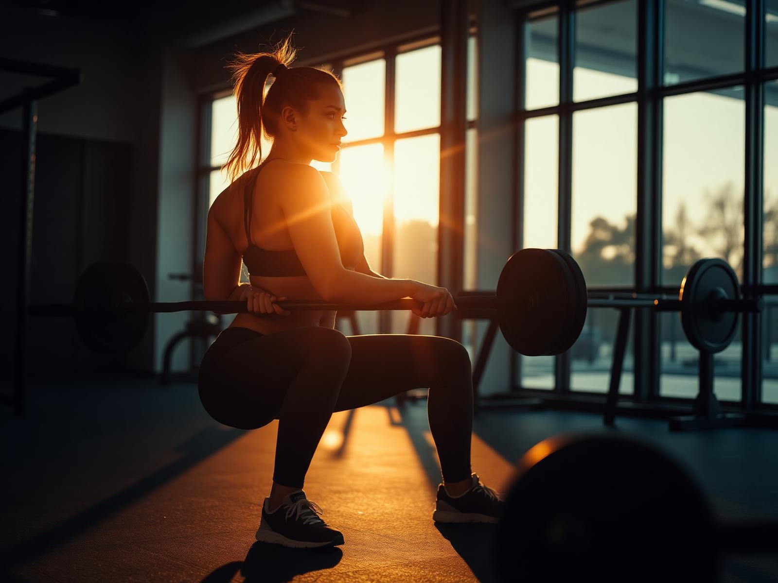 Athlete performing a barbell squat at sunset